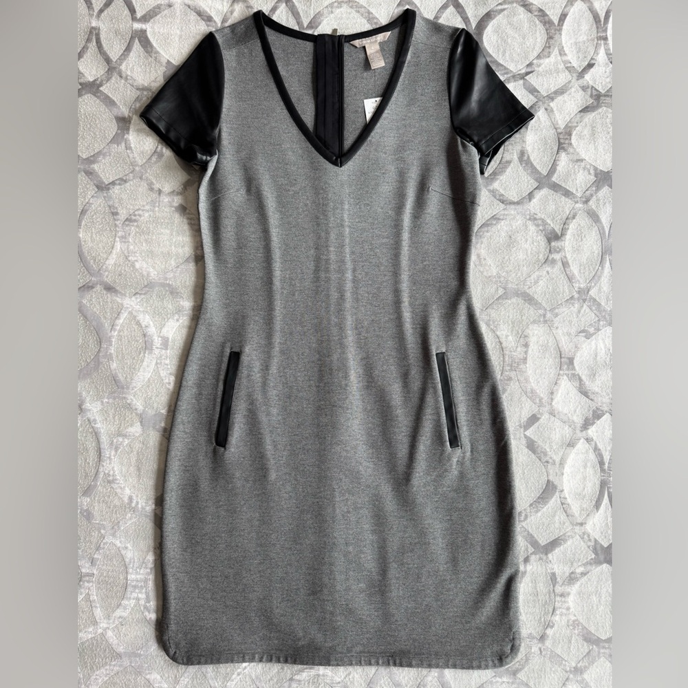 Banana Republic Gray with Faux Leather Sleeves and Trim Shift Dress Size 6